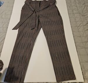 New York & Co Black, White, Gray & Brown Plaid Checkered Paperbag Waist Pants
